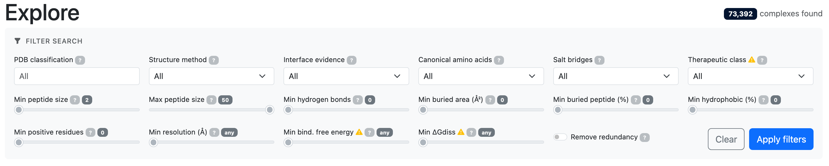Search filters of the Explore page