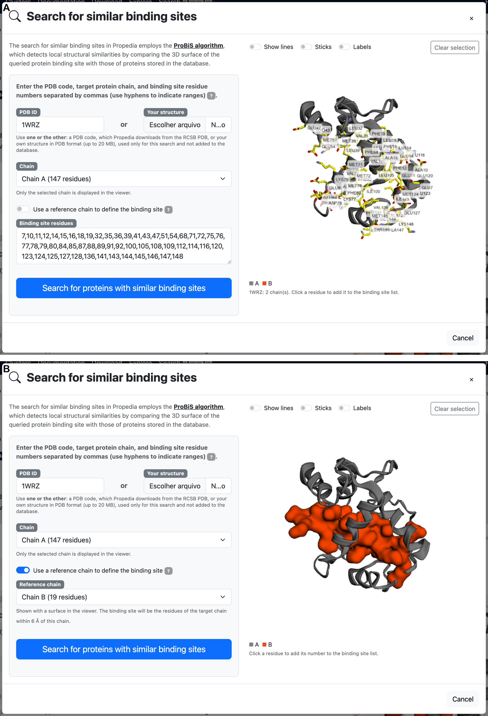 The binding site search with a structure loaded